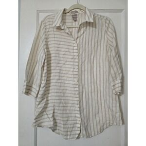 Chicos No Iron Shirt Sz 1 /M Tan‎ White Striped 3/4 Sleeve Linen Button Up Tunic